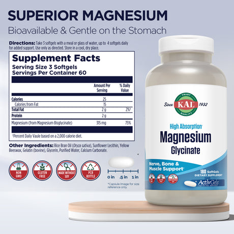 KAL Magnesium Glycinate Activgels 315Mg, Fully Chelated, High Absorption Magnesium Supplement for Relaxation, Muscle & Bone Health Support‡, Non-Gmo, Gluten Free, 60 Servings, 180 Softgels