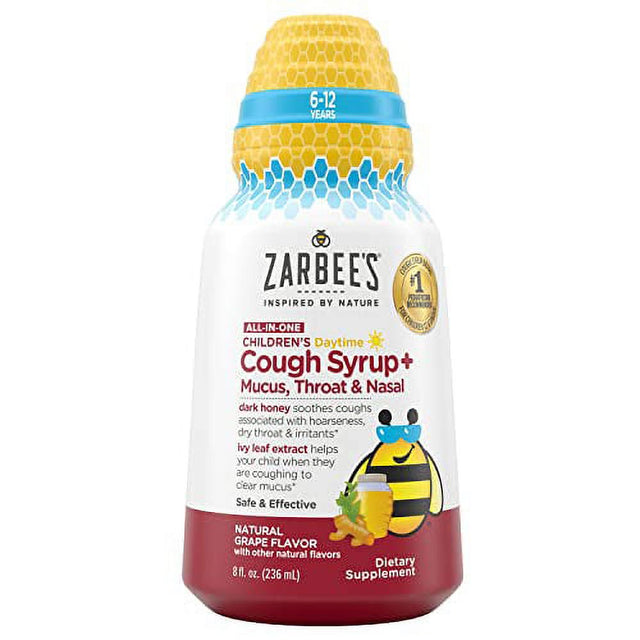 Zarbeeâ€™S Kids All-In-One Daytime Cough for Children 6-12 with Dark Honey, Turmeric, B-Vitamins & Zinc, #1 Pediatrician Recommended, Drug & Alcohol-Free, Grape Flavor, 8FL Oz