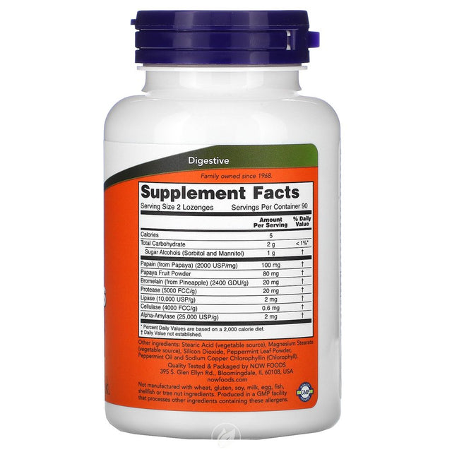 Now Foods Papaya Enzymes (Chewable) W/Mint & Chlorophyll, 180 Lozenges, Pack of 2