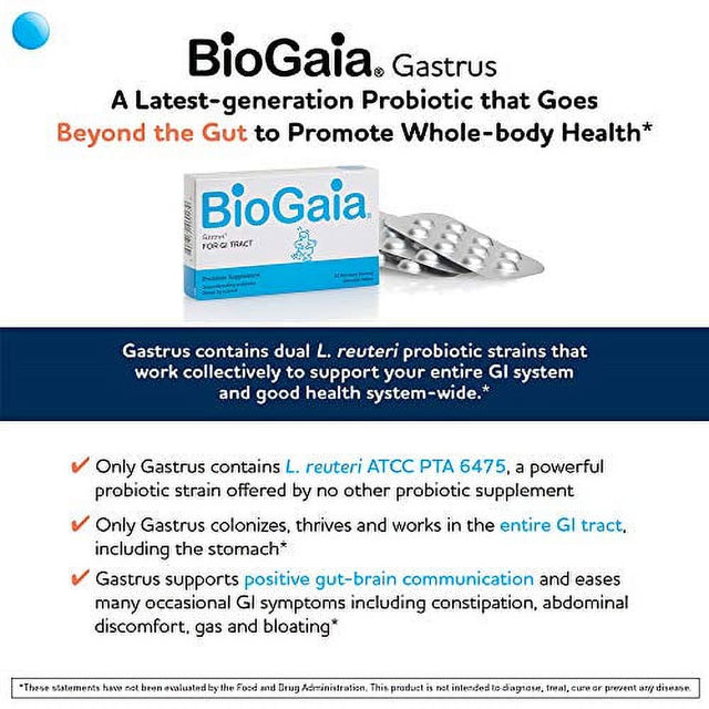 Biogaia Gastrus Chewable Tablets, Adult Probiotic Supplement for Stomach Discomfort, Constipation, Gas, Bloating, Regularity, Non-Gmo, 30 Tablets, 1 Pack