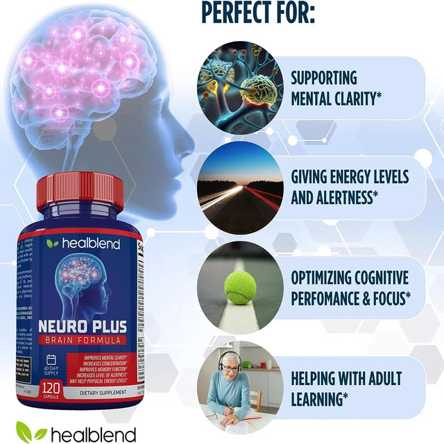 Healblend Neuro plus Brain Booster Supplements - Brain & Focus Formula, Supports Memory, Concentration & Mental Clarity for Adults – 120 3-Pack