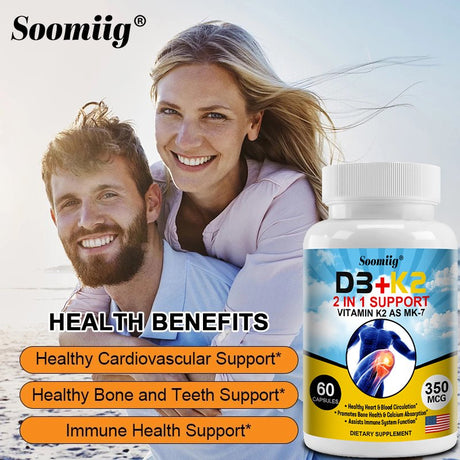 Soomiig D3+K2 Supplement 2-In-1 Supports Vitamin K2 as MK-7 to Support Heart, Blood Circulation, Bones, Colon Absorption