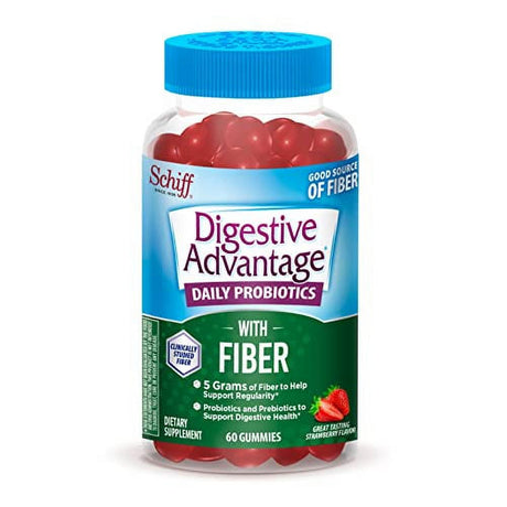 Digestive Advantage Prebiotic Fiber Gummies + Probiotics for Digestive Health, Daily Probiotic Gummies for Women & Men, Digestive Supplement for Regularity & Gut Health, 60Ct Strawberry Flavor