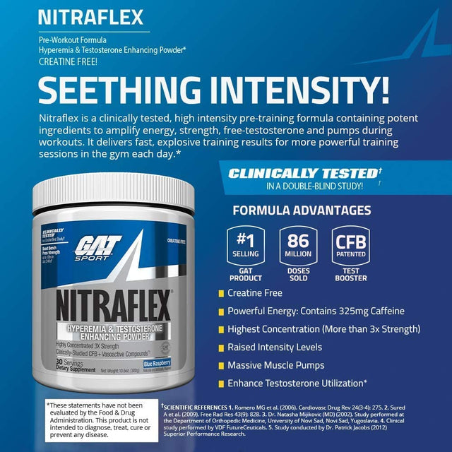 GAT SPORT Nitraflex Advanced Pre-Workout Powder, Increases Blood Flow, Boosts Strength and Energy, Improves Exercise Performance, Creatine-Free (Blue Raspberry, 30 Servings)