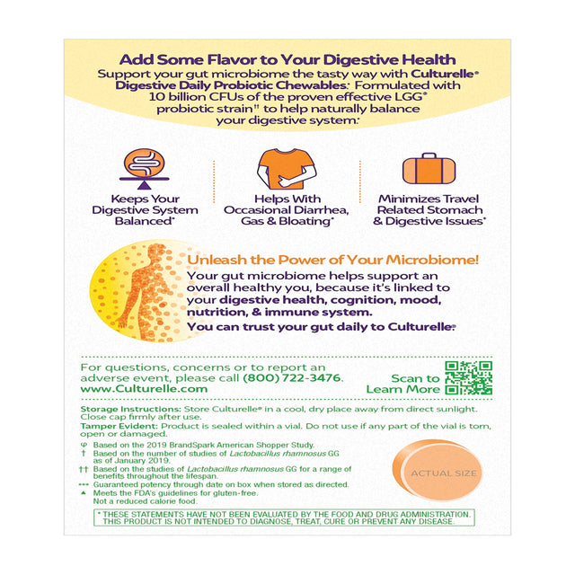 Culturelle Digestive Health Daily Probiotic Chewables, Probiotic for Men and Women, Most Clinically Studied Probiotic Strain, 10 Billion Cfus, Supports Occasional Diarrhea, Gas & Bloating