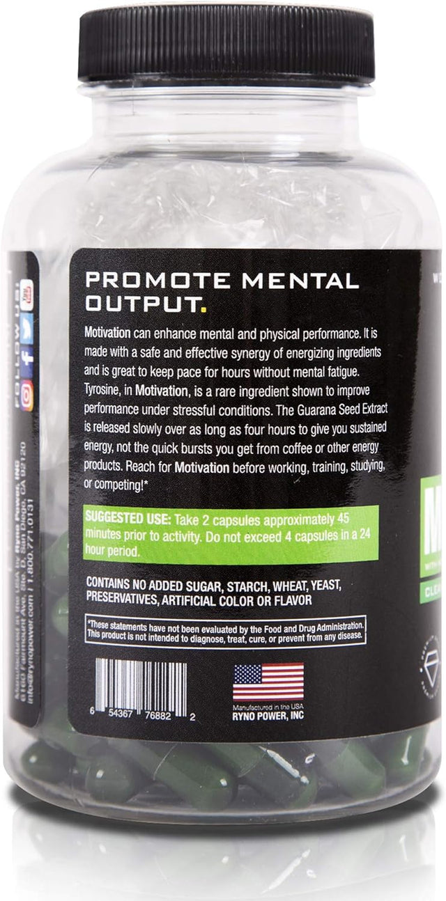 Ryno Power Motivation Capsules - Natural Boost for Mental and Physical Performance - Gluten Free / Banned Substance Free / All-Natural