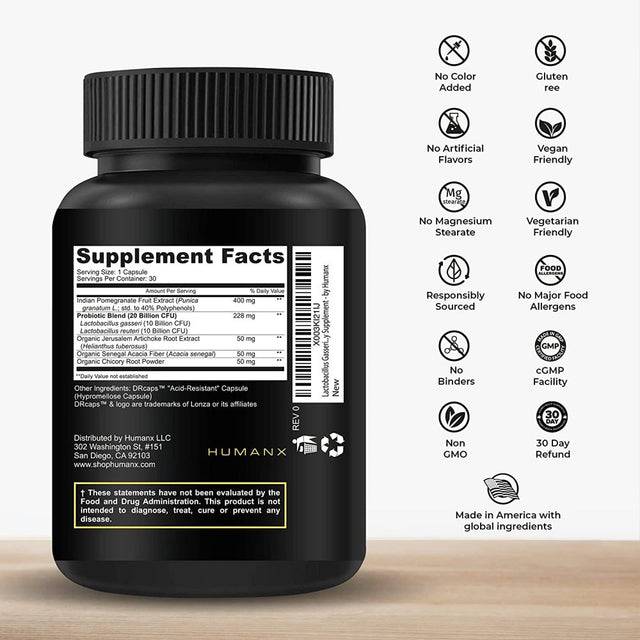 Humanx Lactobacillus Gasseri & Reuteri+ 20 Billion CFU plus Organic Prebiotics and Punicaligans - Probiotic Supplement - USA Third Party Tested - Non-Gmo - Performance Driven Delayed Release Capsules