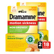 Dramamine Non-Drowsy, Motion Sickness Relief, Made with Natural Ginger, 18 Count, 2 Pack