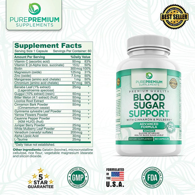 Blood Sugar Support by Purepremium Supplements- Advanced Formula - Non-Gmo - 60 Capsules