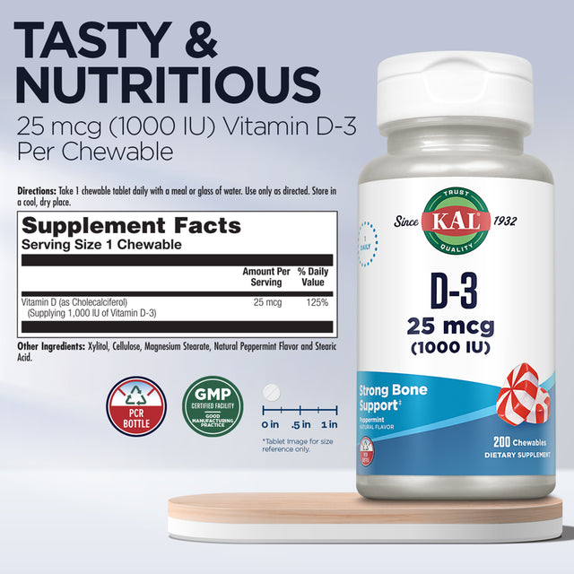 KAL Vitamin D-3 1000 IU Chewable | Peppermint Flavor | Healthy Immune Function & Bone Support | 200 Chews