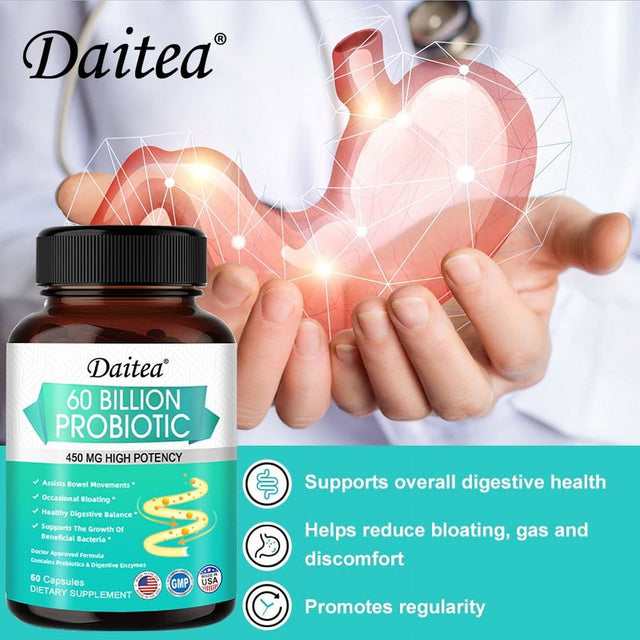 Daitea Probiotics 60 Billion + Probiotic Blend Capsules - 450 Mg per Serving - Gut Health, Digestion, Bloating, Constipation, Heart, Immune Support Supplement