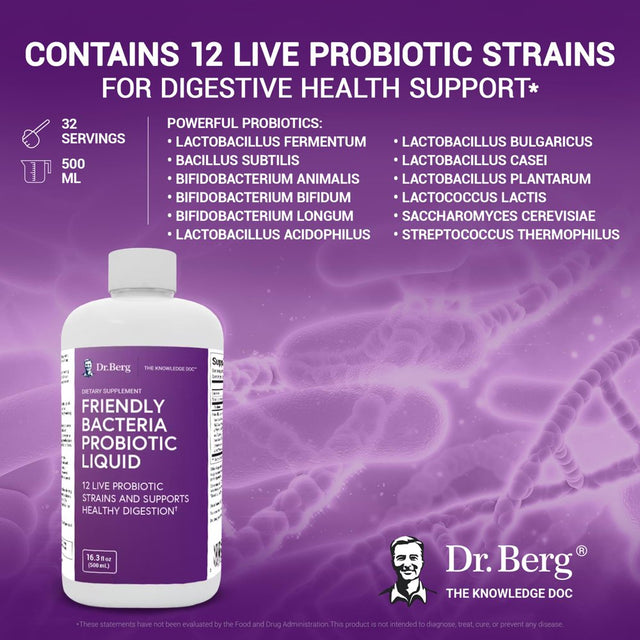 Dr. Berg'S Friendly Bacteria Probiotic Liquid - Drink Mix W/ 12 Live Probiotic Strains - Men Women & Kids - 16.3 Fl Oz