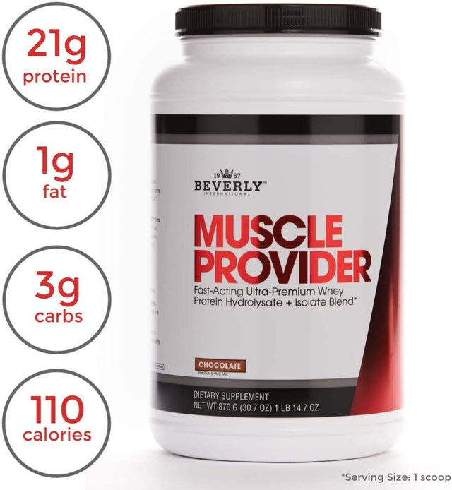 Beverly International Muscle Provider, 30 Servings, Chocolate. Super-Fast-Absorbing Whey Protein Powder for Recovery, Lean Muscle. Fills Your Muscles, Not Your Stomach. Tastes like Ice Cream!