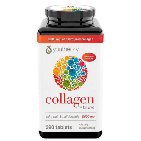 390 6000Mg of Hydrolyzed Collagen with Biotin Boost, for Skin, Hair, Nail, Aging, Teddons and Ligaments Formula Dietary Supplement Youtheory Enhanched Formula