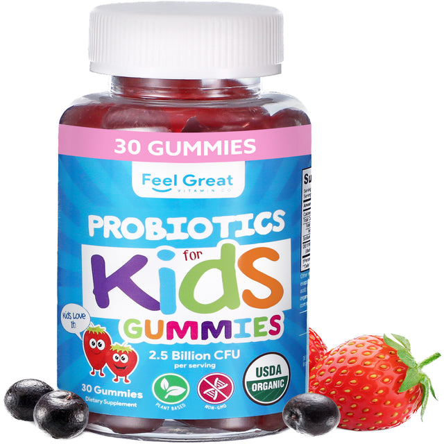 USDA Organic 2.5 Billion CFU Probiotic Pectin Gummies by the Feel Great Vitamin Co. | Clinically Proven Probiotic B. Subtilis DE111 | Supports Gut Health* | Strawberry Flavor (30 Days)