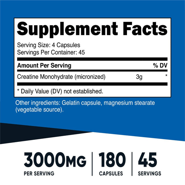 Nutricost Creatine Monohydrate 3,000Mg, 180 Capsules (750Mg per Capsule) Supplement