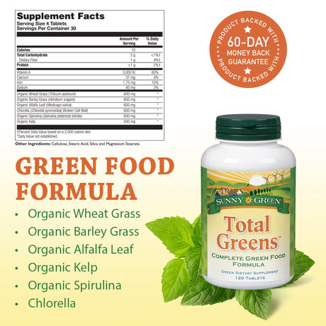 Sunny Greens Total Greens | Green Food Formula | Vitamins, Minerals, Proteins, Fiber & Chlorophyll from Multiple Organic Green Superfoods | 120Ct