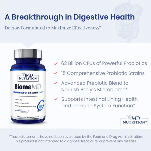 1MD Nutrition Biomemd Probiotics | 62 Billion Cfus, 15 Clinically Studied Strains - Pro & Prebiotics | Doctor-Formulated for Digestive Health & Immune Support | 30 Capsules