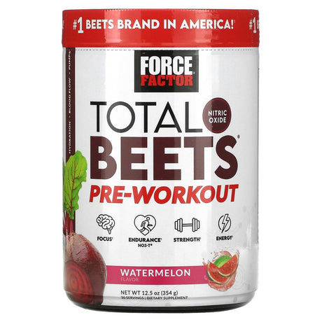 FORCE FACTOR Total Beets Pre-Workout Powder to Boost Energy Endurance, Increase Strength, and Improve Blood Flow and Pumps, Nitric Oxide Supplement with Beet Root Powder, Watermelon, 30 Servings