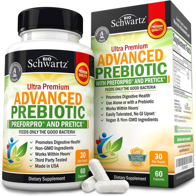 Bioschwartz Prebiotics for Advanced Gut Health - Immune System Support & Dietary Fiber - Promote Digestive Health - Gas & Digestion Support - Probiotics for Men & Women - 60 Capsules