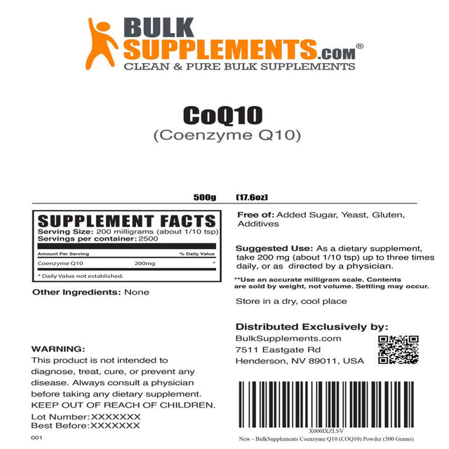 Bulksupplements.Com Coenzyme Q10 (Coq10) Powder - Coq10 Nutritional Supplements - Raw Co Q10 - Coq10 Antioxidant - Coq10 Vegan (500 Grams - 1.1 Lbs)