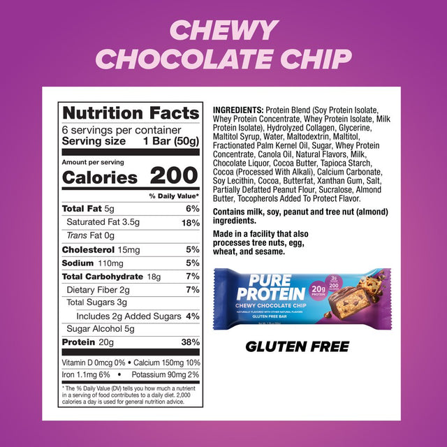 Pure Protein Bars, Chewy Chocolate Chip, 20G Protein, 1.76 Oz, 6 Ct