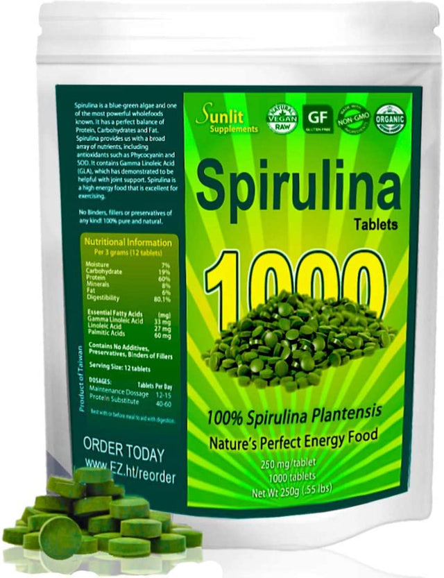 Sunlit Best - USDA Organic Spirulina Tablet - Natural Super Greens Supplements for Immune Support, Gut Health & Energy Drink Tablets with Chlorophyll, Vegan & High Protein Non GMO, 1000 Superfood Tab