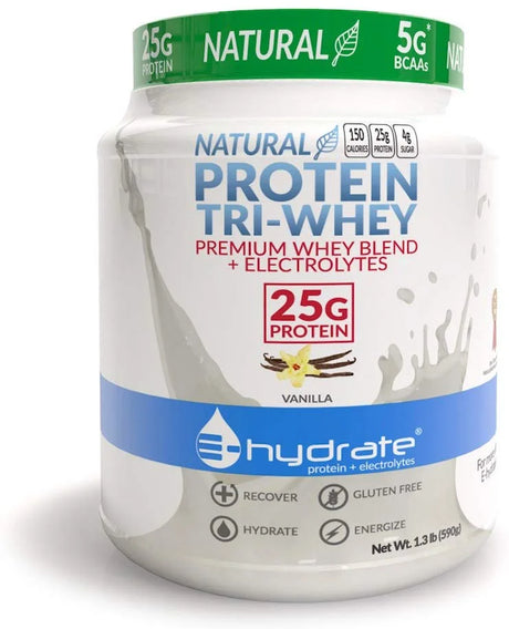 E-Hydrate | Tri-Whey Blend Protein Powder + Electrolytes, 25G Protein, Gluten Free, 5G BCAA | Hydrate, Recover, Build Muscle, Energize | Vanilla, 1.3 LB Tub