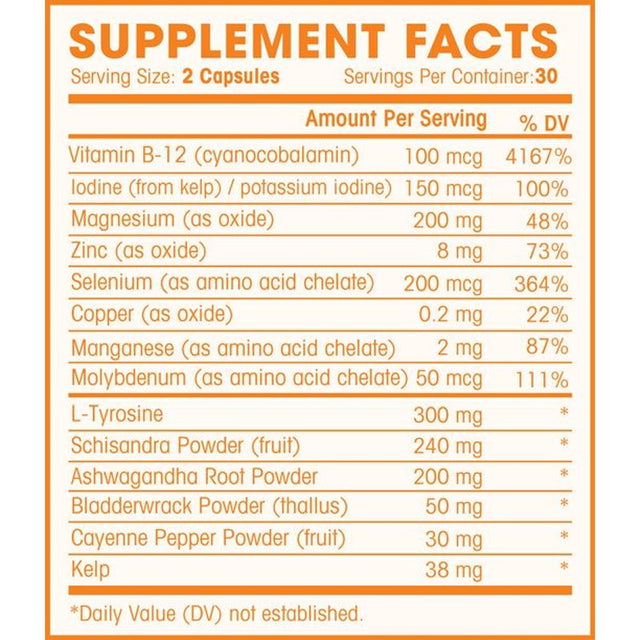 Thyroid Support Complex with Iodine for Energy Levels, Weight Loss, Metabolism, Fatigue & Brain Function - Natural Health Supplement Formula: L-Tyrosine, Selenium, Kelp, Bladderwrack, Ashwagandha, Etc