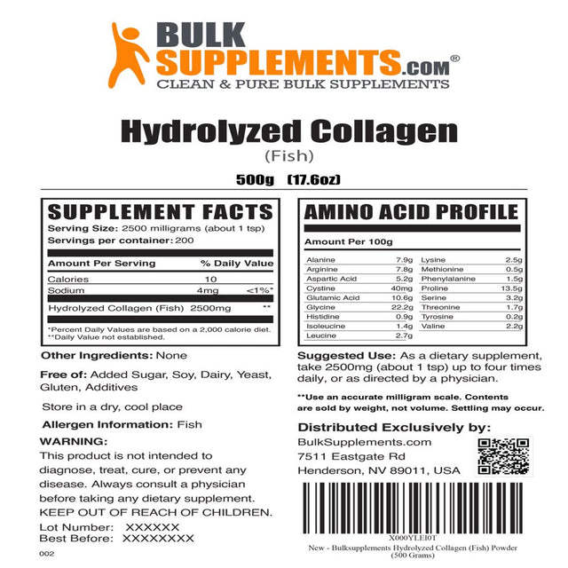 Bulksupplements.Com Hydrolyzed Fish Collagen Powder, Collagen Peptide Powder for Keto Diet and Hair Growth (500 Grams - 1.1 Lbs - 200 Servings)