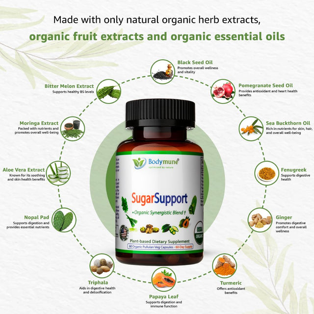 Bodymune Sugarsupport Organic and All-Natural Blood Sugar Support Supplement, 60 Capsules