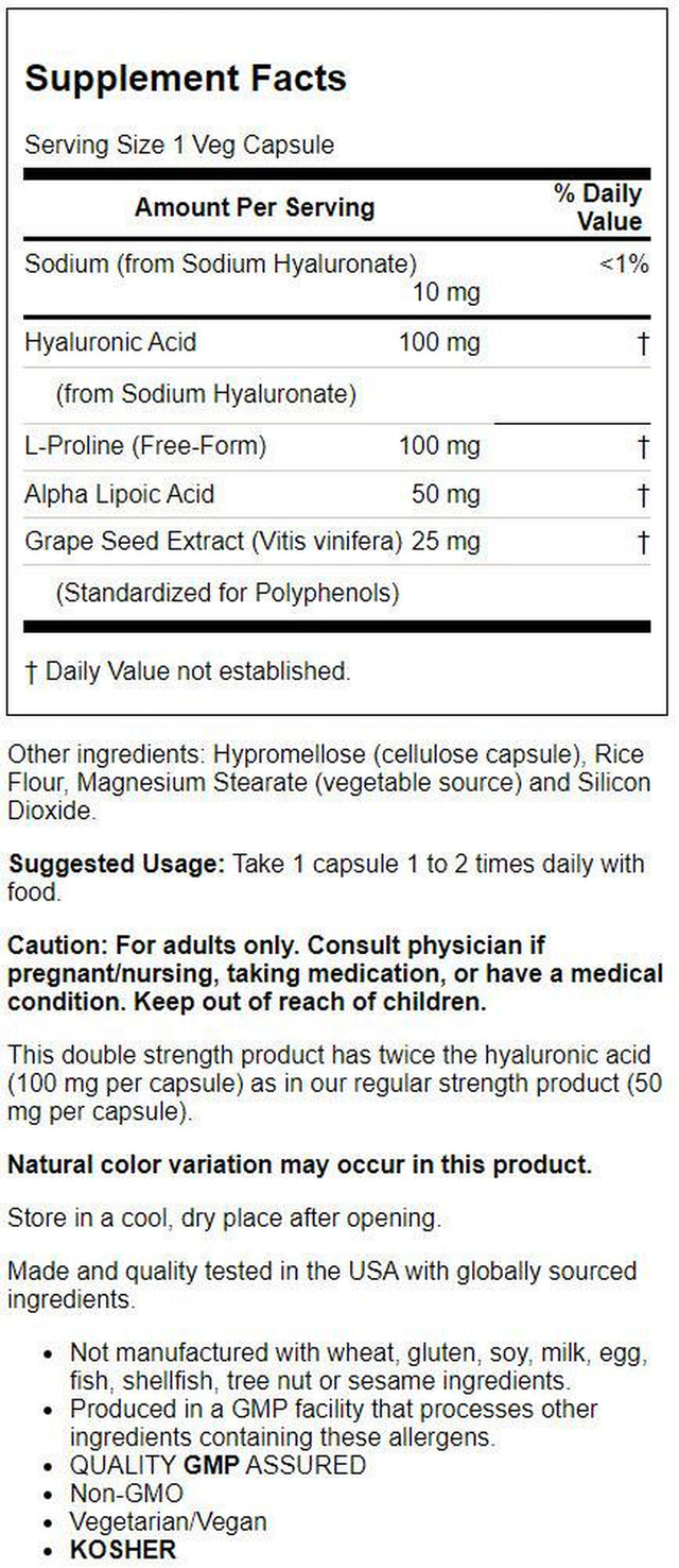 NOW Supplements, Hyaluronic Acid 100 Mg, Double Strength with L-Proline, Alpha Lipoic Acid and Grape Seed Extract, 120 Veg Capsules