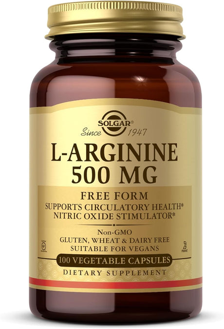 Solgar L-Arginine 500 Mg - 100 Vegetable Capsules - Nitric Oxide Stimulator - Non-Gmo, Vegan, Gluten Free, Dairy Free, Kosher - 100 Servings