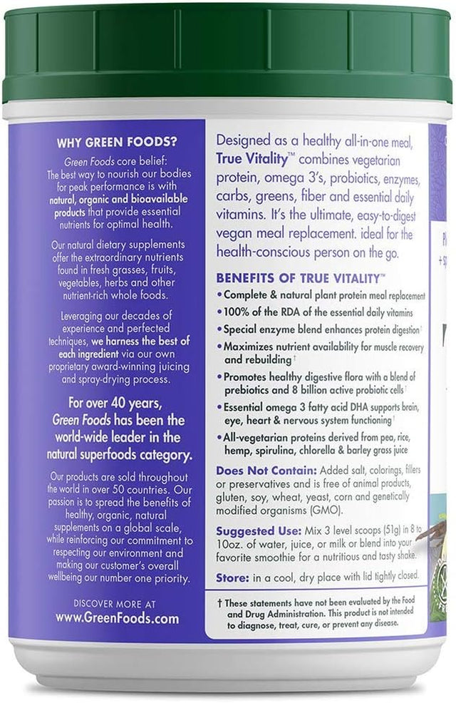 Green Foods True Vitality Plant Protein Shake with DHA Vanilla - 25.2 Oz