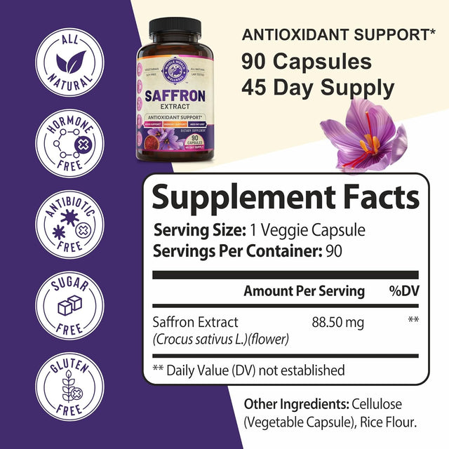 100% Pure Saffron Extract - Metabolism Booster & Natural Appetite Suppressant for Weight Loss. Saffron Mood Enhancer for Women & Men, Natural Diet Pills for Women & Men. USA Made, 90 Servings.