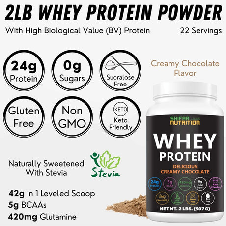 Delicious Creamy Chocolate Halal Whey Protein Powder 2Lbs | 24G Protein, 5700Mg Bcaas, and 420Mg Glutamine | for Recovery & Lean Muscles | Gluten-Free | Non-Gmo | Keto-Friendly | by SHIFAA NUTRITION