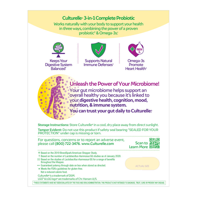 Culturelle 3-In-1 Complete Probiotic Daily Supplement, Promotes Digestive Health + Natural Immune Defense, Non-Gmo, 30 Count