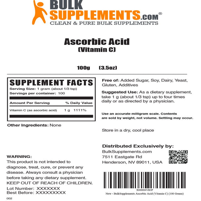 Bulksupplements.Com Ascorbic Acid (Vitamin C) Powder, 1G - Immunity Booster (100 Grams)