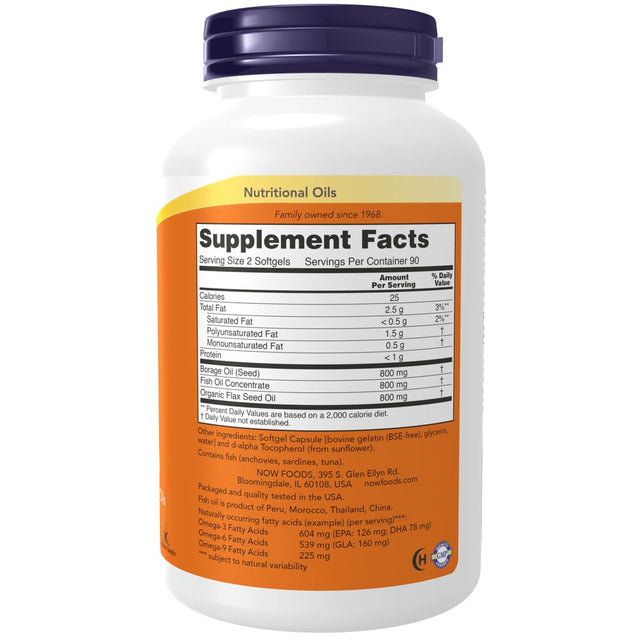 Now Supplements, Super Omega 3-6-9 1200 Mg with a Blend of Fish, Borage and Flax Seed Oils, 180 Softgels