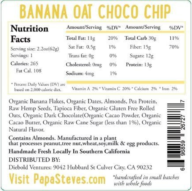 Papa Steve’S No Junk Raw Protein Bars, Banana Oat Dark Chocolate, 2.2 Oz, 10 Count