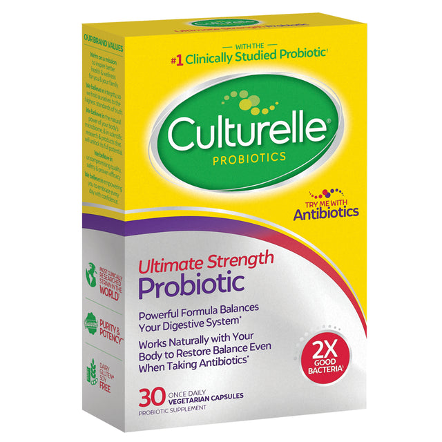 Culturelle Ultimate Strength Probiotic for Men and Women, Most Clinically Studied Probiotic Strain, 20 Billion Cfus, Supports Occasional Diarrhea, Gas & Bloating, Non-Gmo, 30 Count