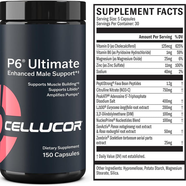 Cellucor P6 Ultimate Enhanced Support for Men Supports Muscle Growth & Strength Natural Support Supplement with Peakatp, Peptistrong, LJ100, Elevatp, DIM, & Senacti 150 Capsules