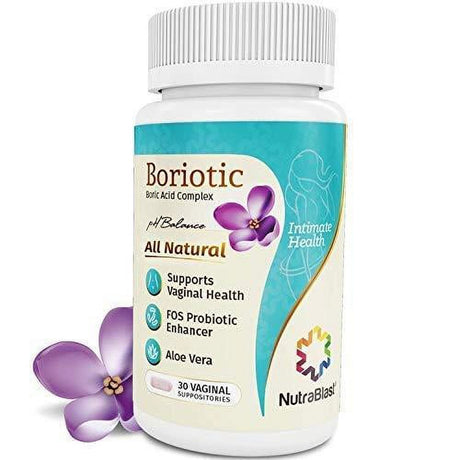 Nutrablast Boriotic Boric Acid Suppositories 800Mg Complex W/Aloe Vera & FOS Probiotic Enhancer, 30 Count | All Natural Made in USA