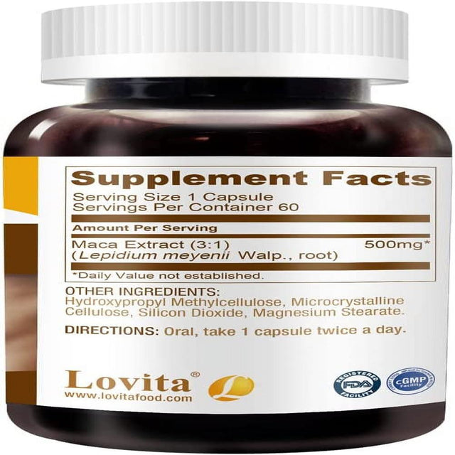 Lovita Maca Root Extract 1500Mg Equivalent, Energy, Performance & Mood Supplement for Men & Women, Supports Reproductive Health, 60 Vegetarian Capsules