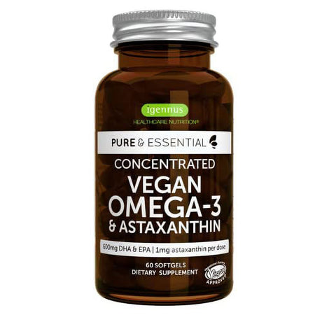 Pure & Essential Vegan Omega 3, High Concentration EPA DHA Algae Oil, Sustainable & Pure, plus Astaxanthin, 600Mg DHA & EPA for Heart, Brain & Eye Health, 60 Small Softgels