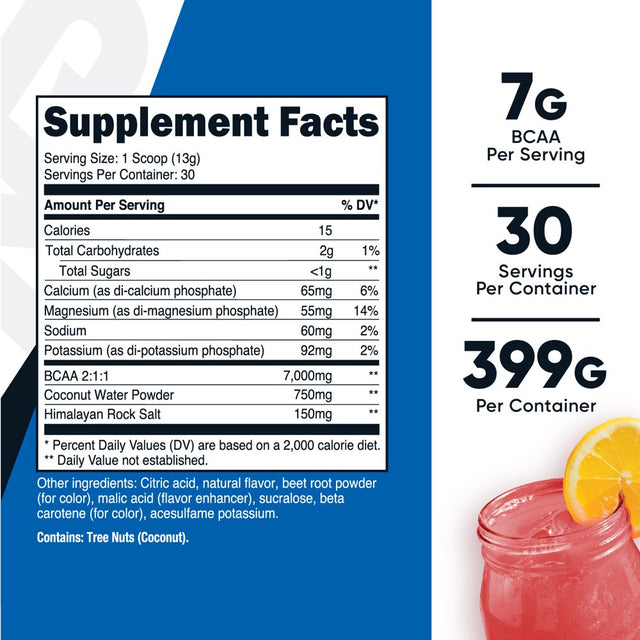 Nutricost BCAA + Hydration Powder Raspberry Lemonade (30 SERV) - Non-Gmo, Gluten Free Supplement