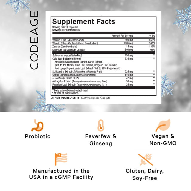 Codeage Clearhead, Echinacea, Zinc, Vitamins C & D, Garlic, All Seasons Vegan Cold Weather Supplement, 90 Ct