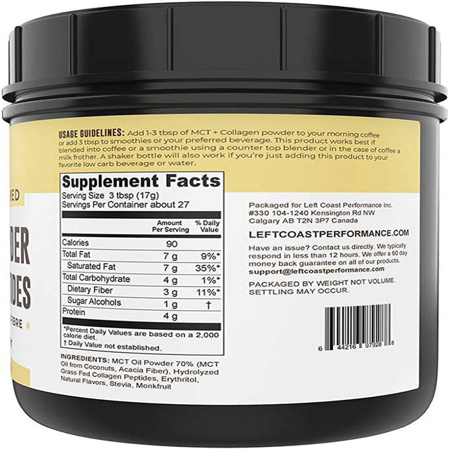 Left Coast Performance MCT Oil Keto Collagen Peptides Powder | Grass Fed Prebiotic Acacia Fibre, Vanilla, 16 Oz