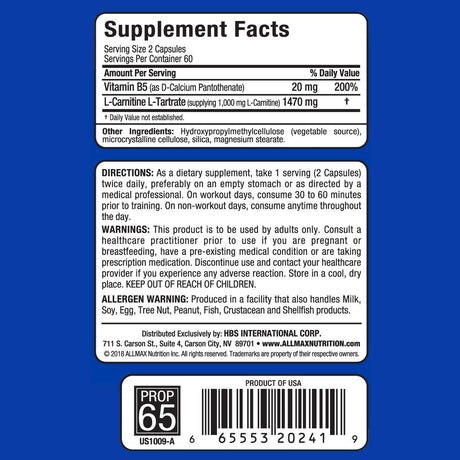 ALLMAX Essentials L-CARNITINE TARTRATE - 120 Capsules - Stimulant-Free Metabolizer - Boosts Energy, Performance & Recovery - Gluten Free & Vegetarian - 60 Servings