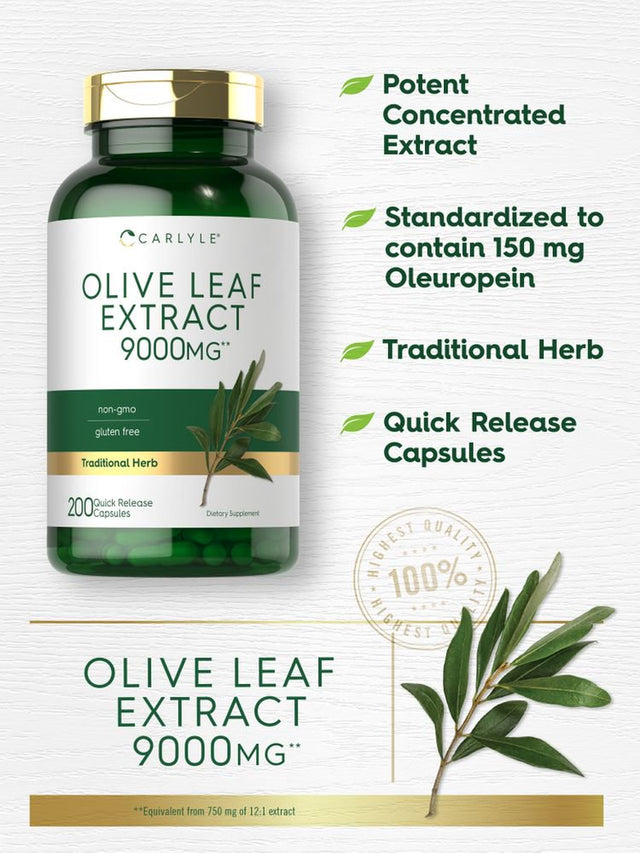 Olive Leaf Extract | 9000Mg | 200 Capsules | High Potency Formula | by Carlyle